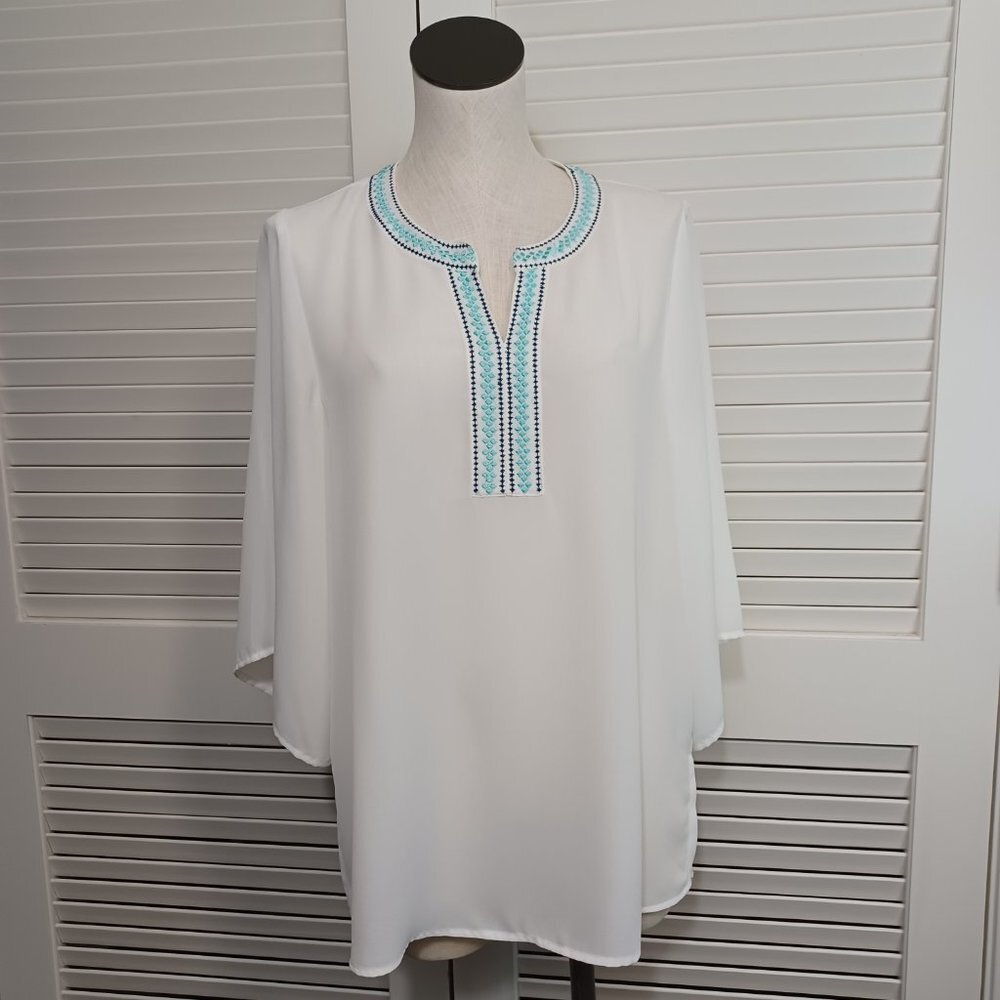 Ariat Tunic‎ Top Embroidered Trim Ivory Turquoise Size Small